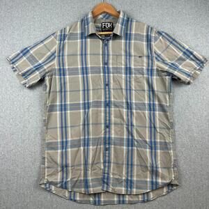 Fox Men's XL Blue Tan Plaid Button Down Shirt Short Sleeve Collard‎ Dress Racing